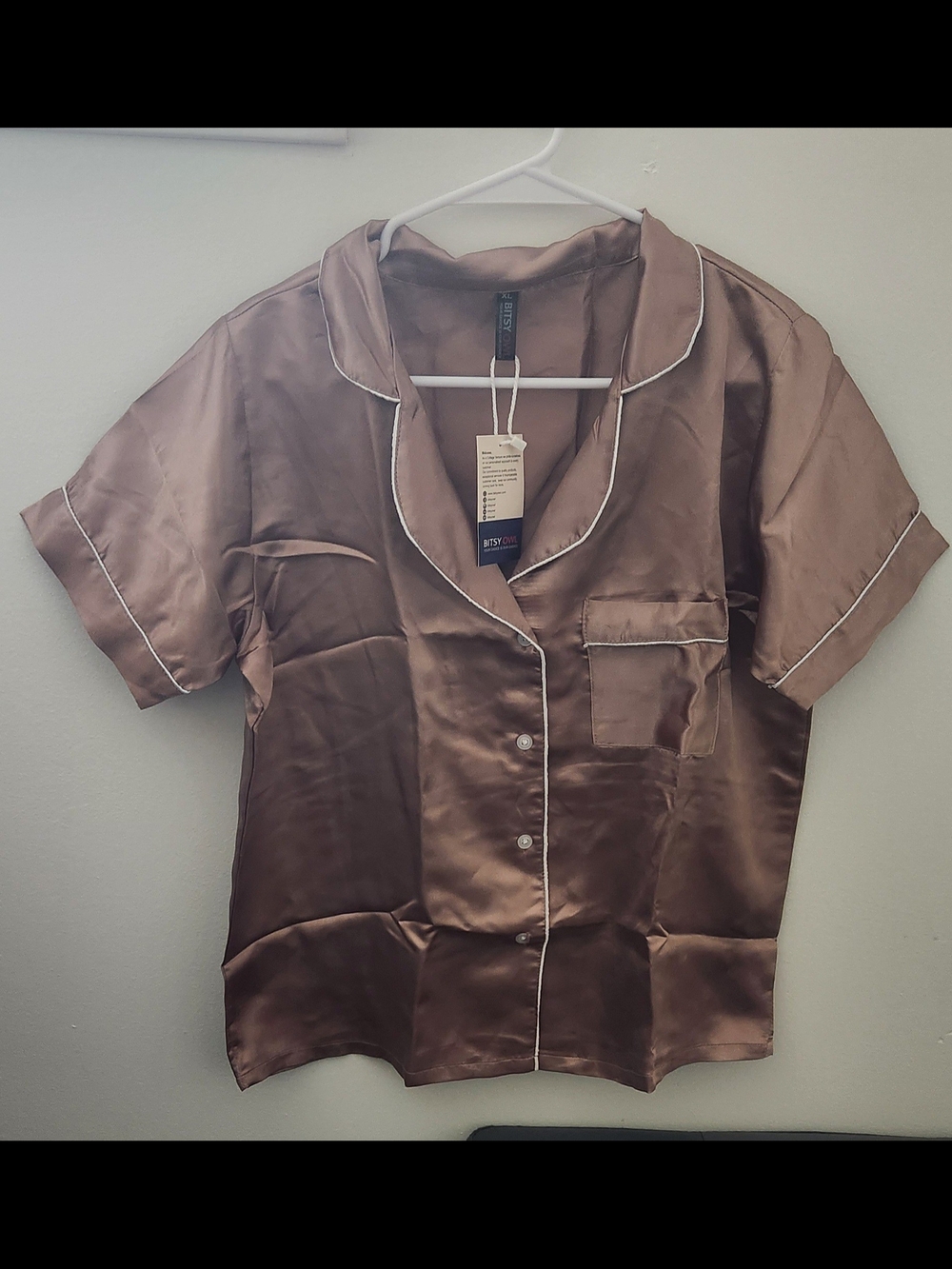 Bitsy Owl Satin Short Sleeve Pajama Top in Bronze with White Piping
